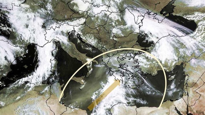 Δορυφορική εικόνα από την πορεία της αφρικανικής σκόνης στην Ελλάδα Δορυφορική εικόνα από την πορεία της αφρικανικής σκόνης στην Ελλάδα
