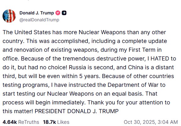 Παγκόσμιος συναγερμός: Ο Τραμπ «ανάβει το φυτίλι» και ξεκινά πυρηνικές δοκιμές – «Δεν είχα άλλη επιλογή»